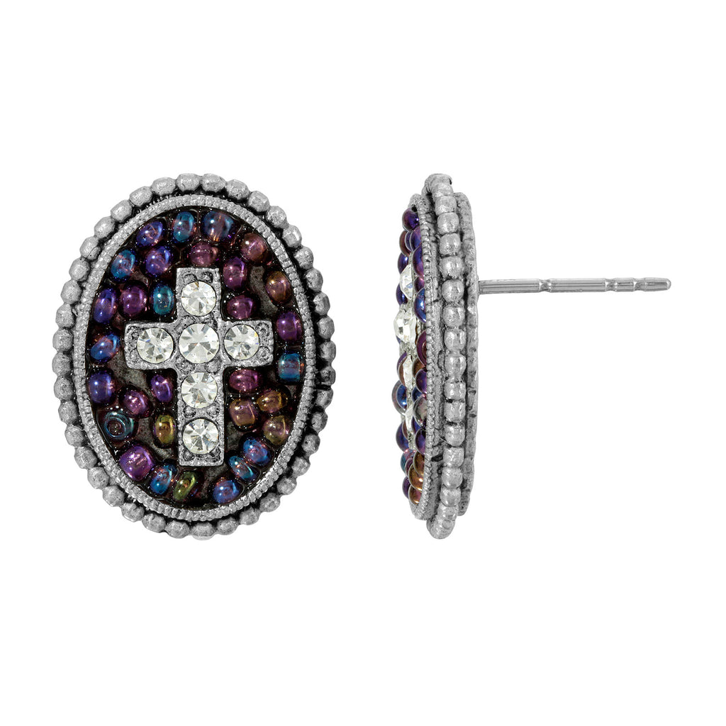 Purple Pewter Seeded Crystal Cross Oval Button Earrings