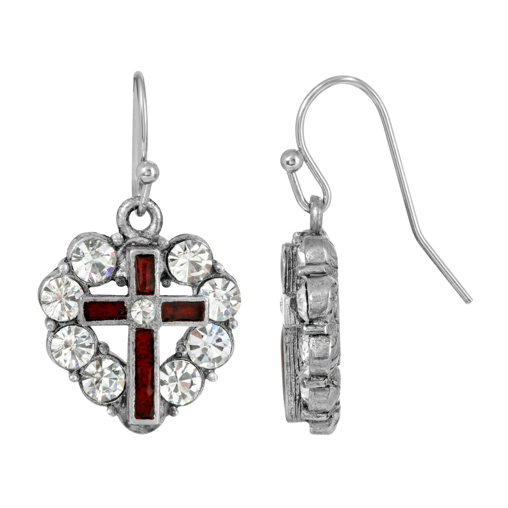 Pewter Heart Shaped Crystal Stones & Enamel Cross Earrings