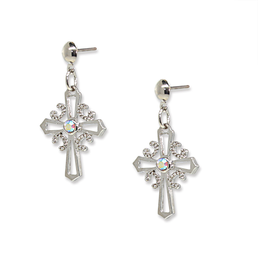 Silver Tone Crystal Cross Drop Earrings
