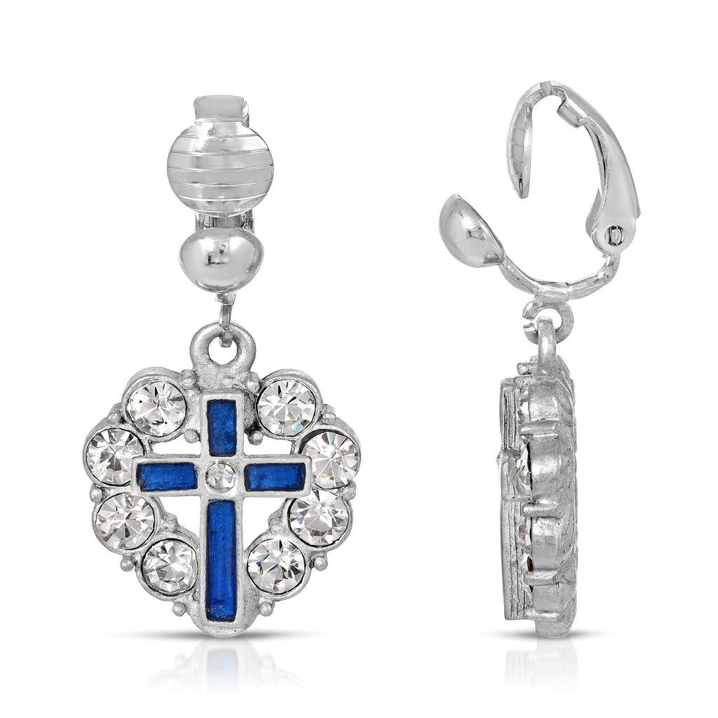 Blue Enamel Cross Crystal Heart Clip Earrings