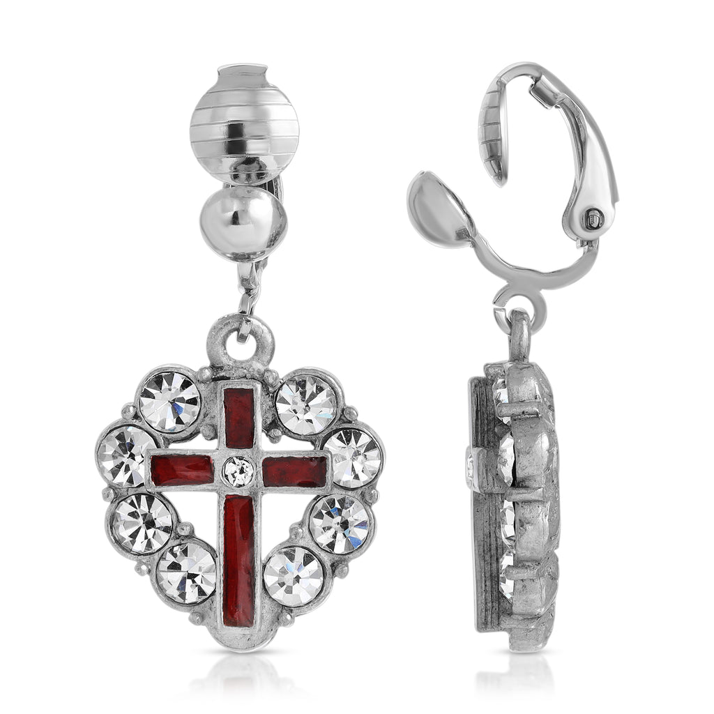 Red Enamel Cross Crystal Heart Clip Earrings