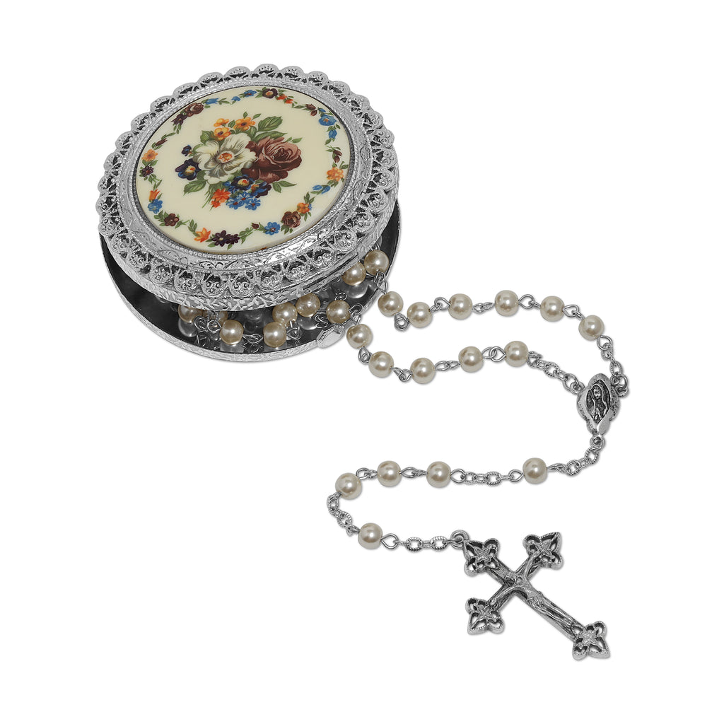 Faux Pearl Rosary With Multicolor Floral Stone Rosary Box