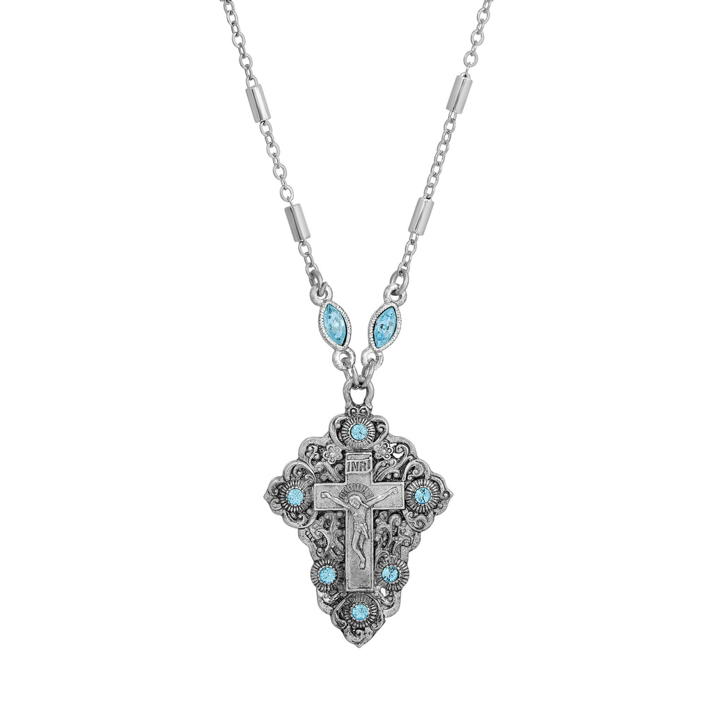 INRI Crucifix Aqua Blue Crystal Pendant Necklace 16" + 3" Extender
