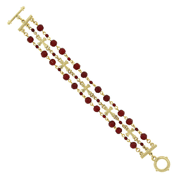 14K Gold Dipped Red 3 Row Bead And Cross Toggle Bracelet