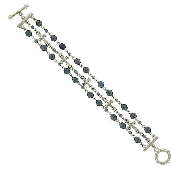 Blue 3 Row Bead And Cross Toggle Bracelet