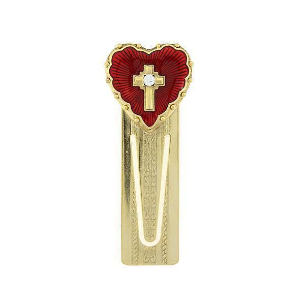 14K Gold Dipped Red Enamel Heart And Cross Bookmark