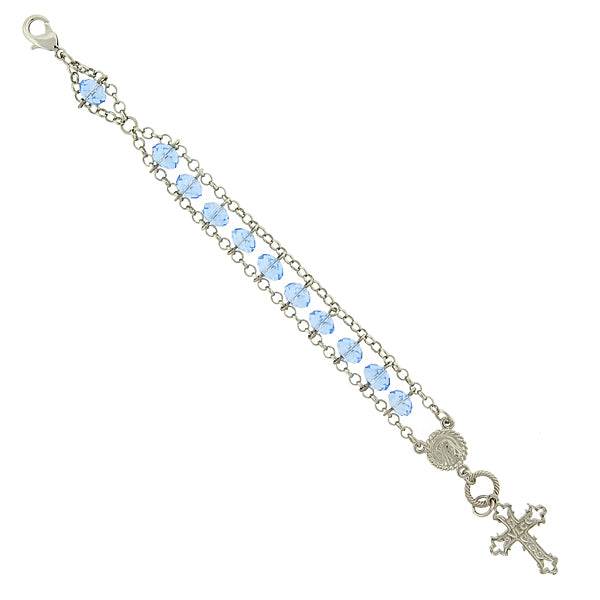 Silver Tone Light Blue Bead Crucifix Bracelet