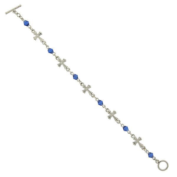 Silver Tone Blue Bead Cross Toggle Bracelet