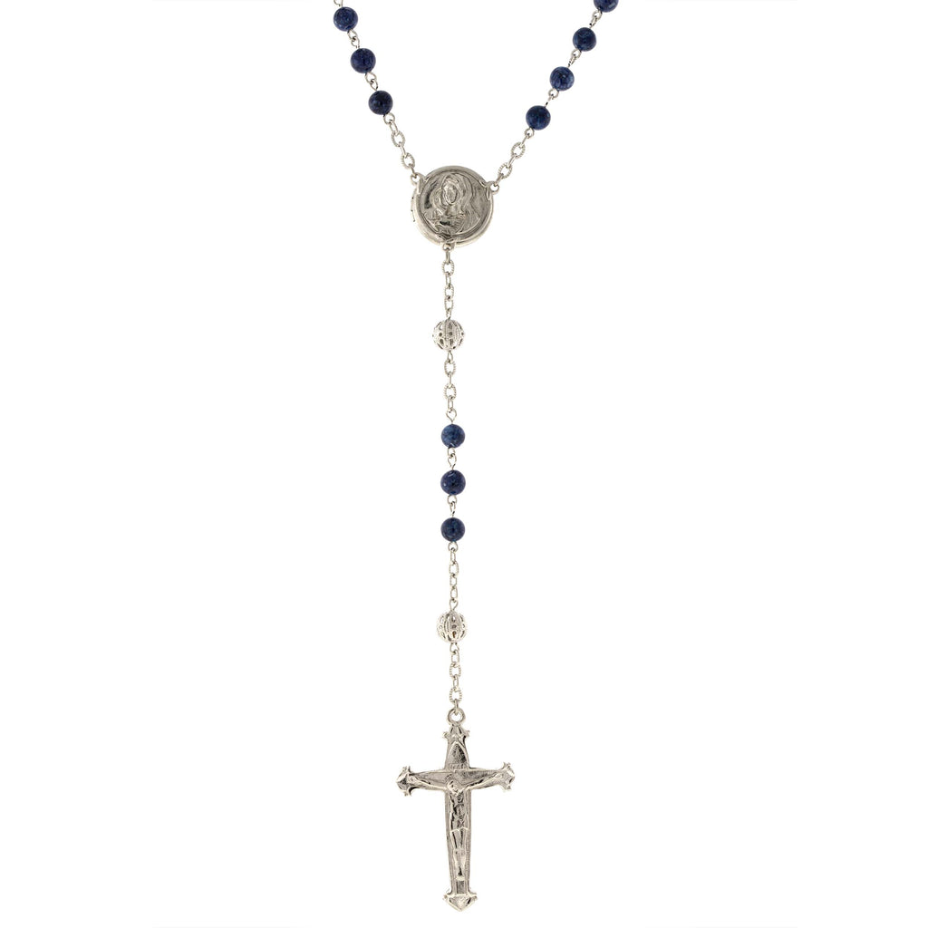 Silver Tone Beaded Crucifix With Mary Locket Rosary Blue