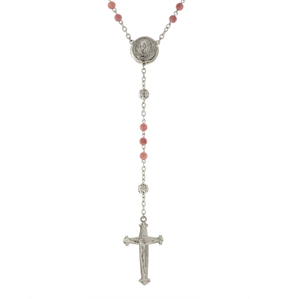 Silver Tone Beaded Crucifix With Mary Locket Rosary Pink