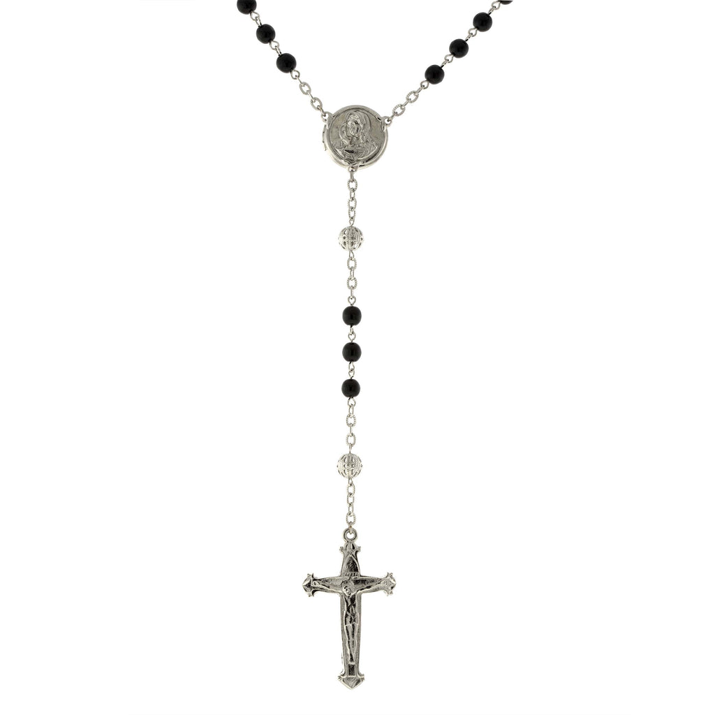 Silver Tone Beaded Crucifix With Mary Locket Rosary Black