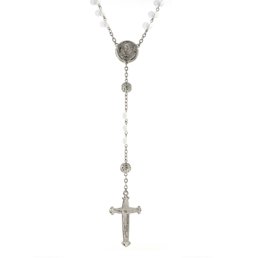 Silver Tone Beaded Crucifix With Mary Locket Rosary White