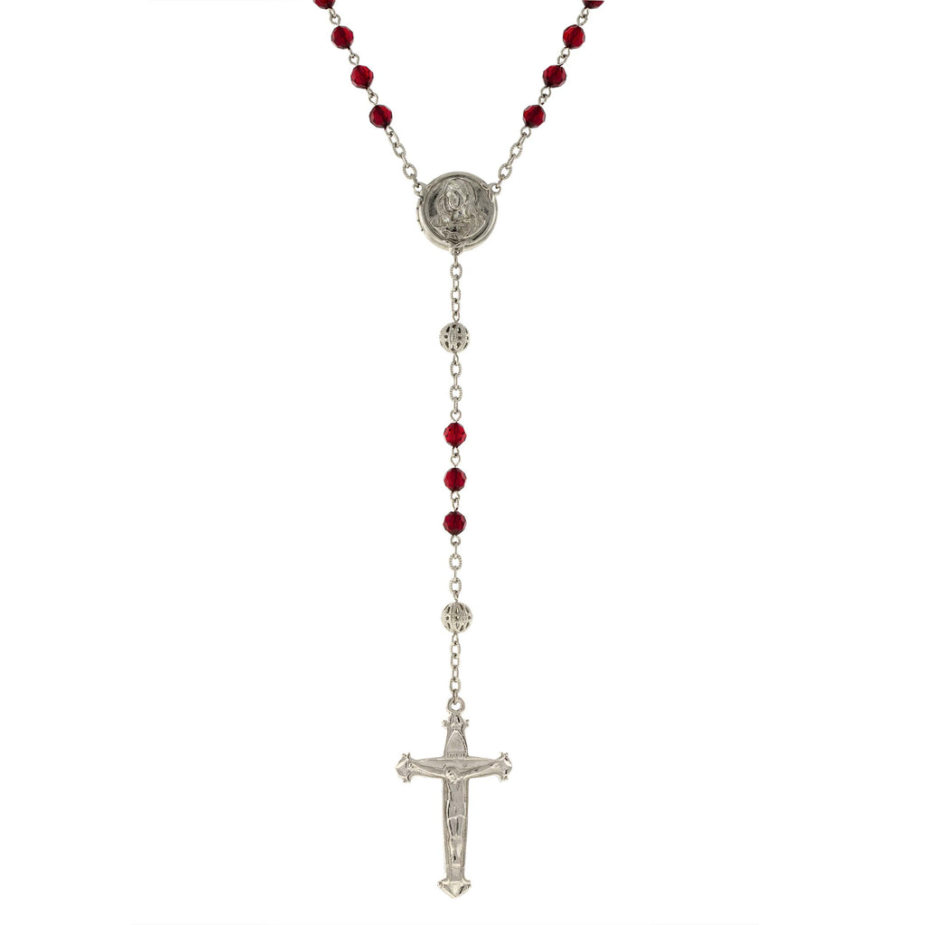 Silver Tone Beaded Crucifix With Mary Locket Rosary Red