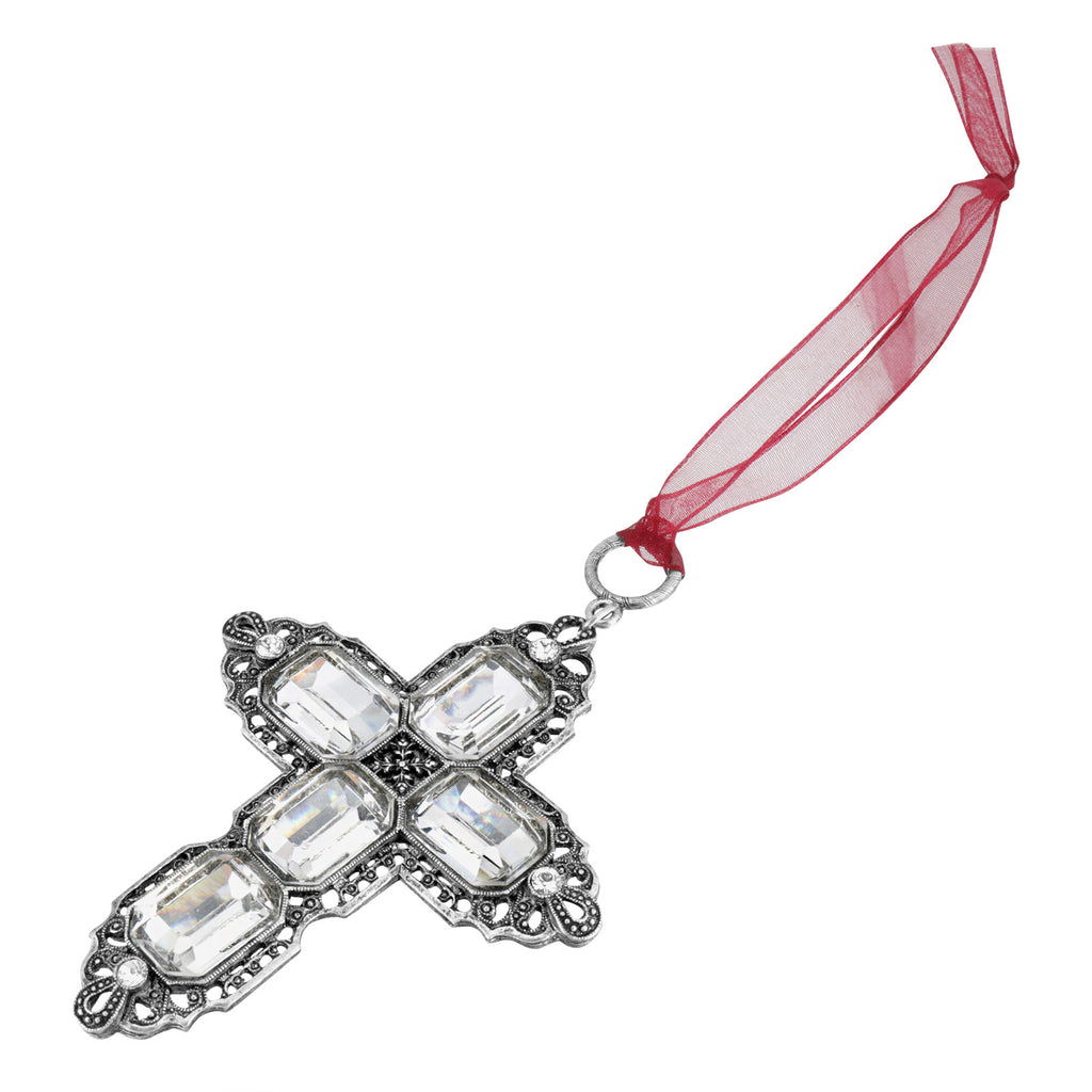 Silver Tone Octagon Austrian Crystal Cross With Ribbon Ornament