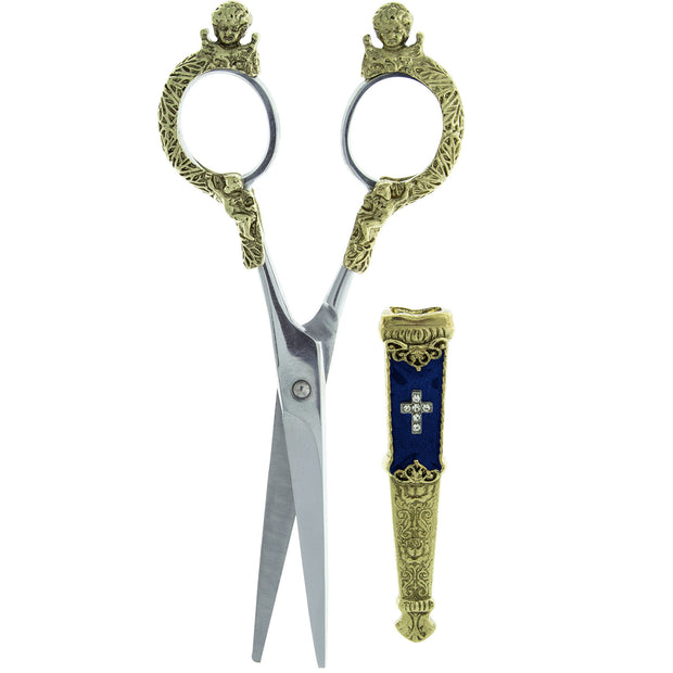 Gold Tone Crystal Cross Green Enamel Scissor Holder With Scissors Blue
