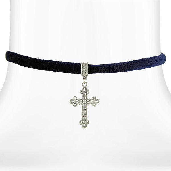 Silver Tone Filigree Cross Pendant Necklace On Black Velvet Ribbon 12 Adj.