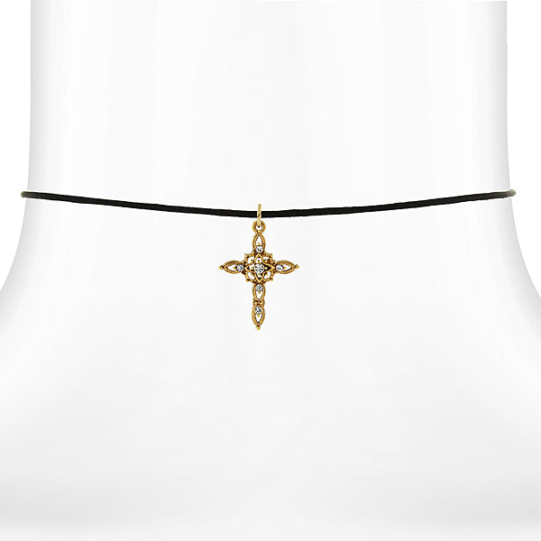14K Gold Dipped Crystal Filigree Cross Pendant Necklace On Satin Cord 14 Adj.