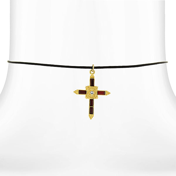 14K Gold Dipped Red Crystal Cross Pendant Necklace On Satin Cord 14 Adj.