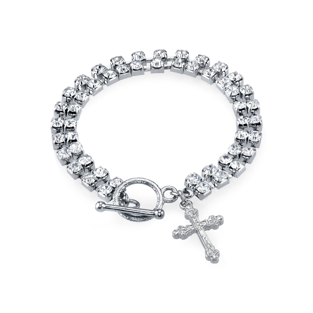 Crystal Clear Rhinestone Crystal Cross Drop Toggle Bracelet