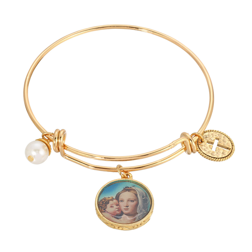 Cross, Faux Pearl, Mary And Child Charm Bangle Bracelet
