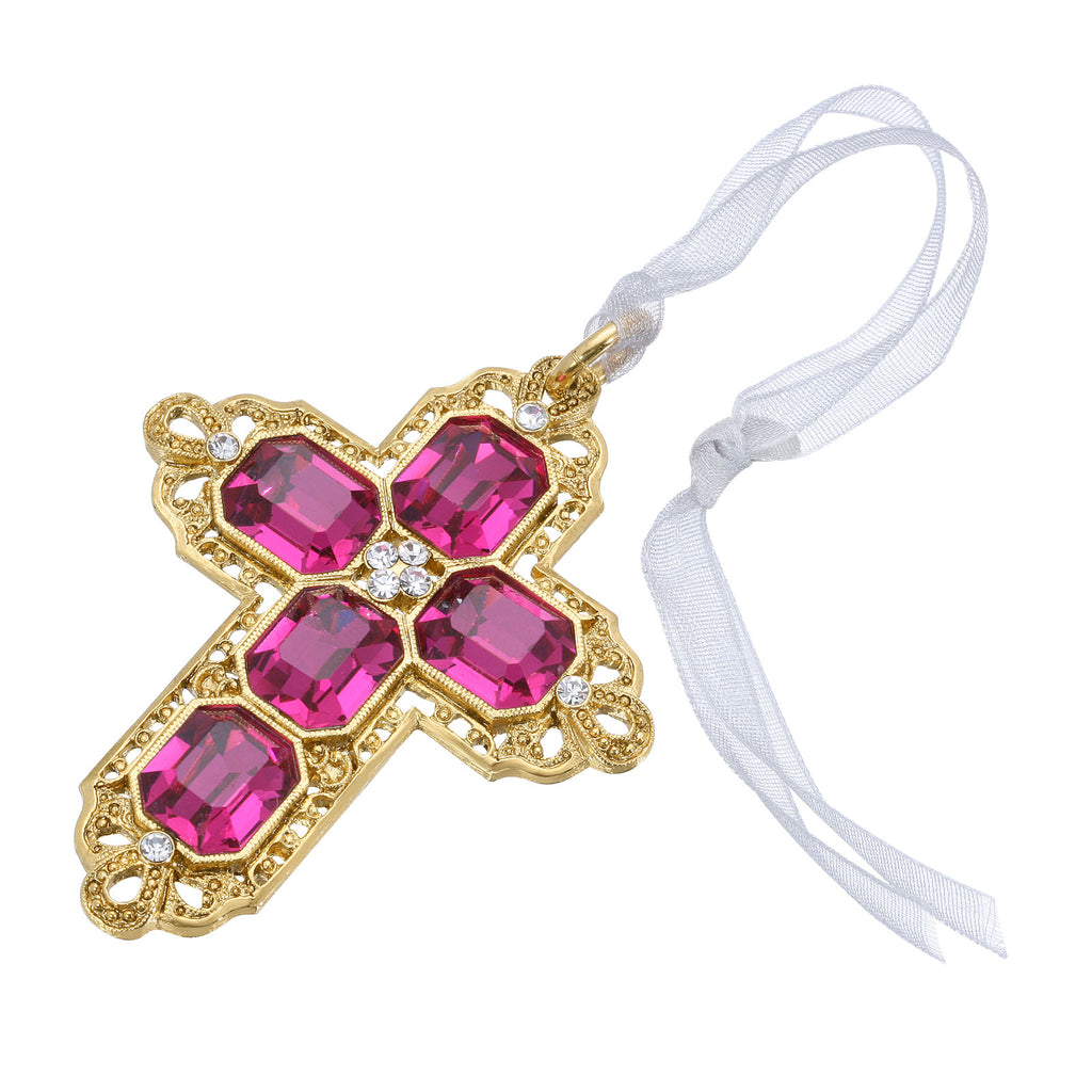 Purple Austrian Crystal Cross With Ribbon Ornament
