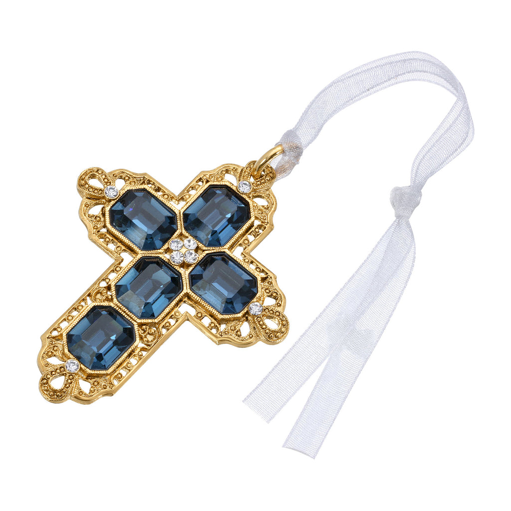 Octagon European Crystal Cross With Ribbon Ornament Dark Blue