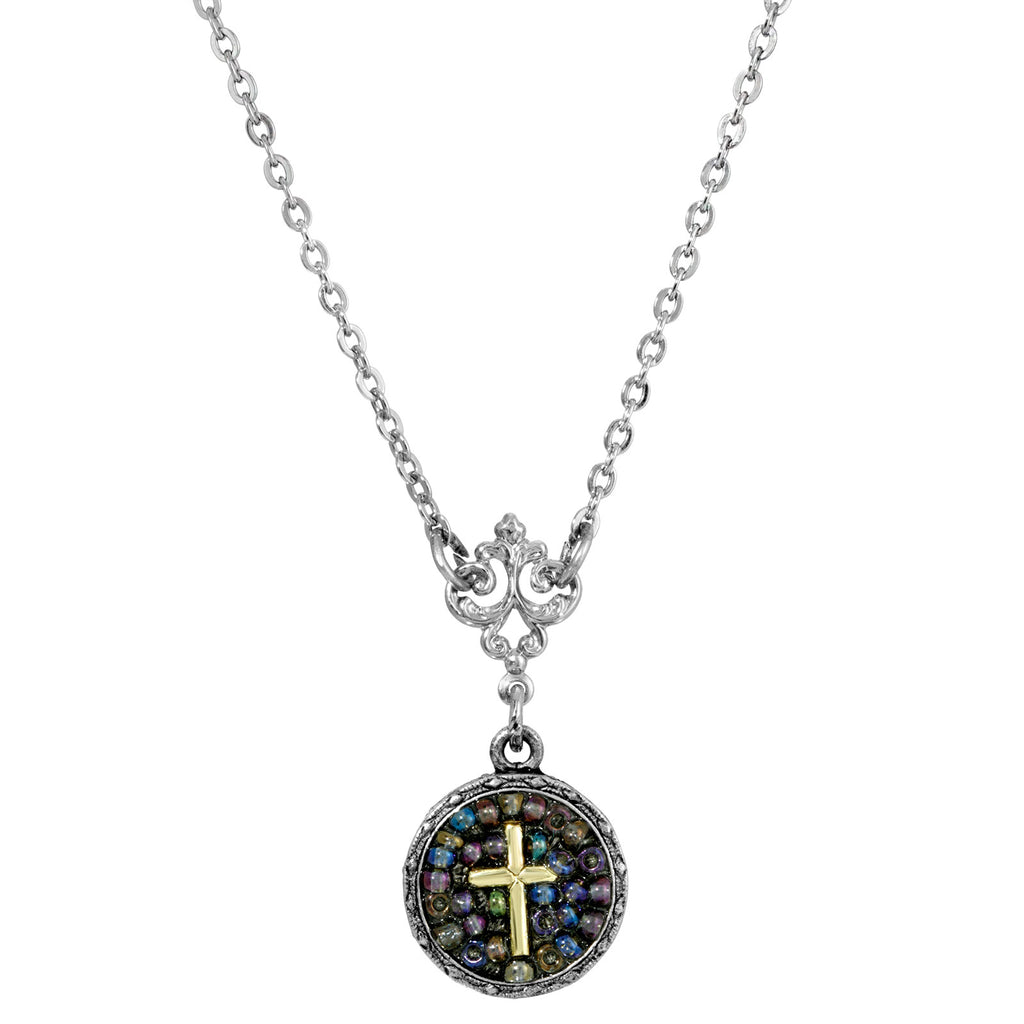 Purple Seeded Beads Crystal Cross Round Pendant Necklace 16   19 Inch Adjustable