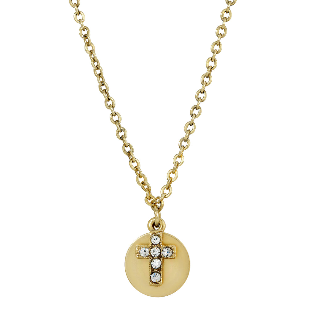 14K Gold Dipped Carded Crystal Cross Round Disc Necklace 16   19 inch Adjustable