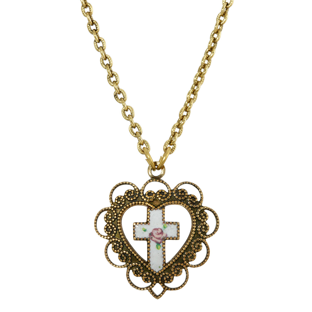 14K Gold Dipped Heart With White Floral Cross Necklace 16   19 Inch Adjustable