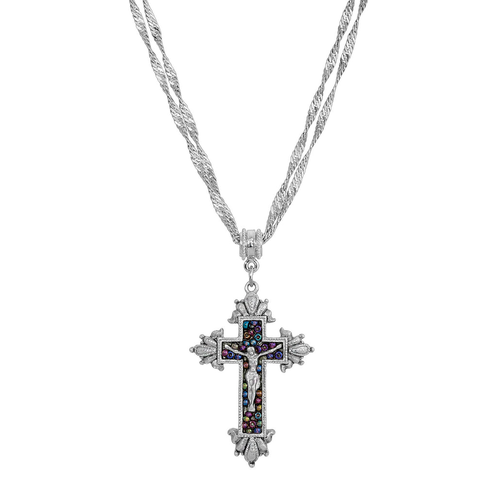 Glass Purple Seeded Bead Cross Pendant Necklace 16   19 Inch Adjustable