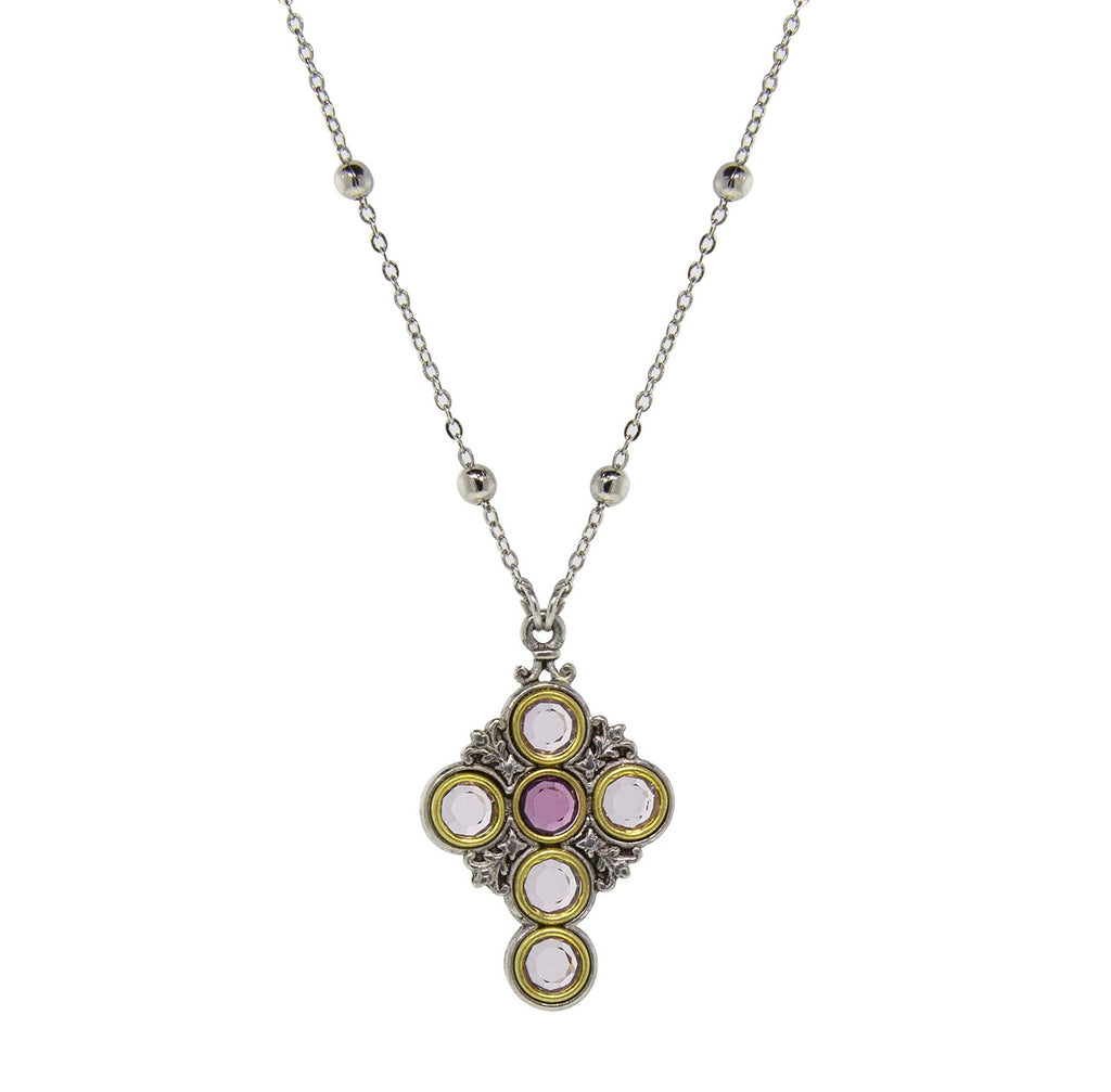 Pewter Cross Silver Tone Chain Lt & Dk Purple Round Crystals Necklace 16   19 Inch Adjustable