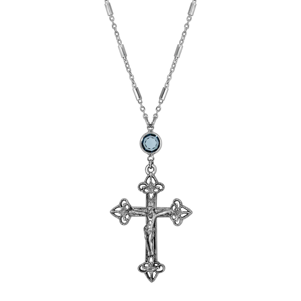 Antiqued Pewter Crucifix Blue Channel Necklace 18 Inches