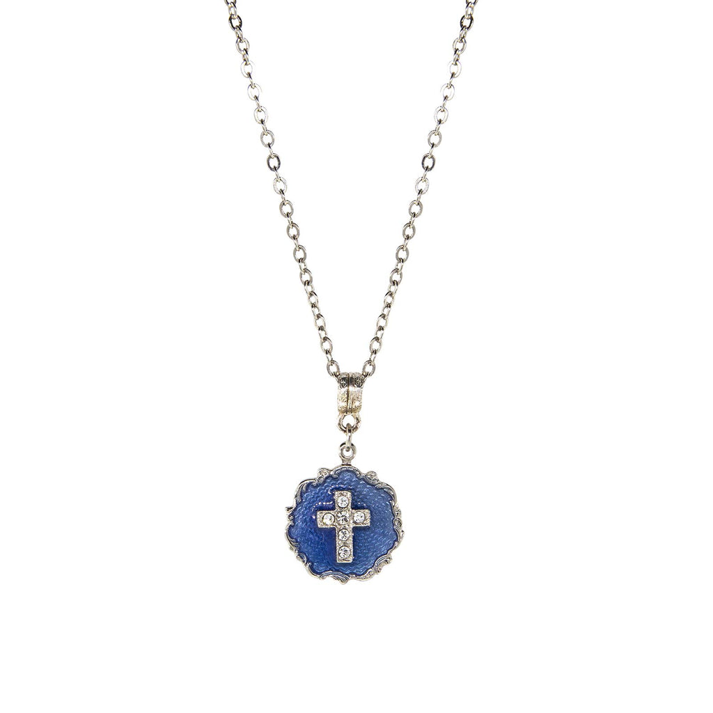 Silver Tone Blue Enamel Crystal Cross Round Necklace 16   19 Inch Adjustable