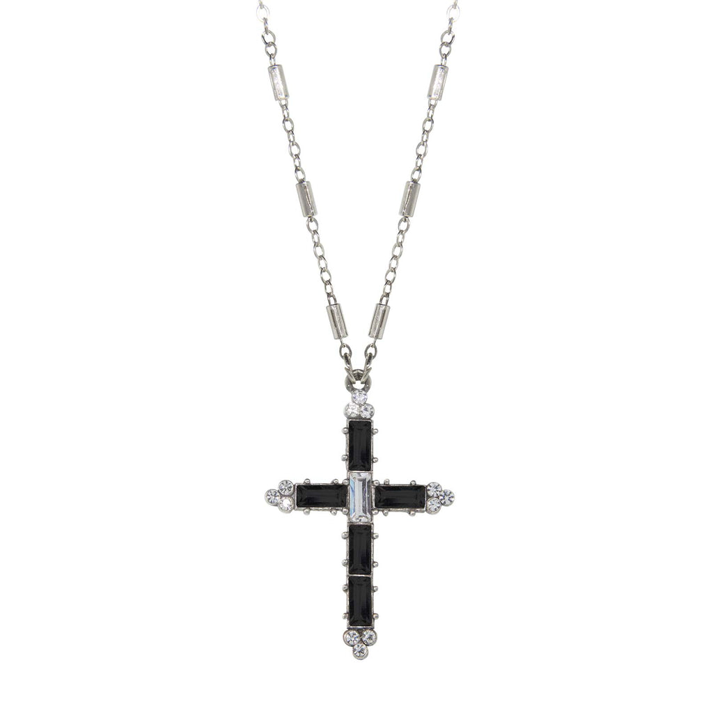 Pewter Crystal Cross Necklace 20 In