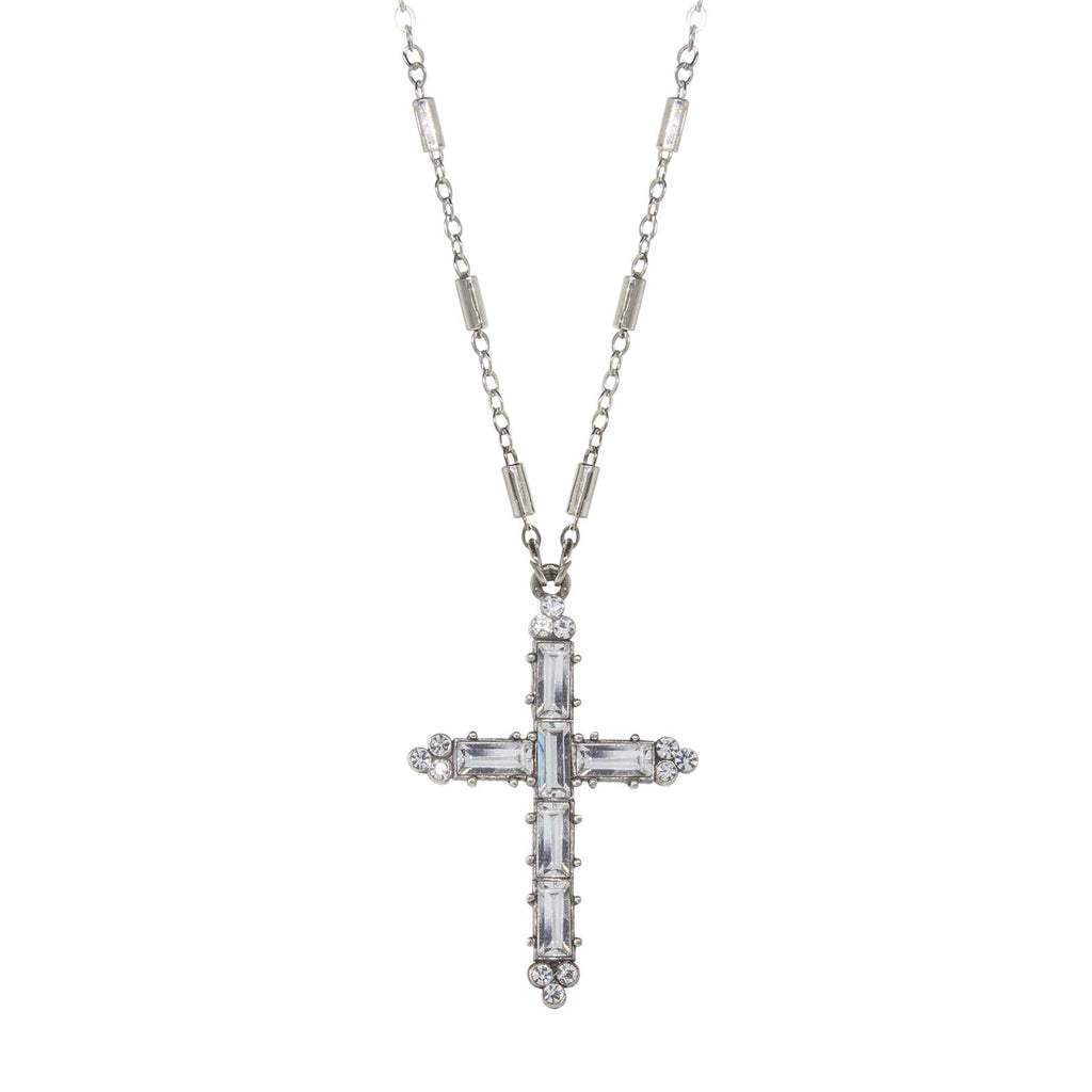 Pewter Black & Clear Crystal Cross Necklace