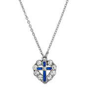 Pewter Blue Enamel Cross Crystal Heart Necklace 16 - 19 Inch Adjustable
