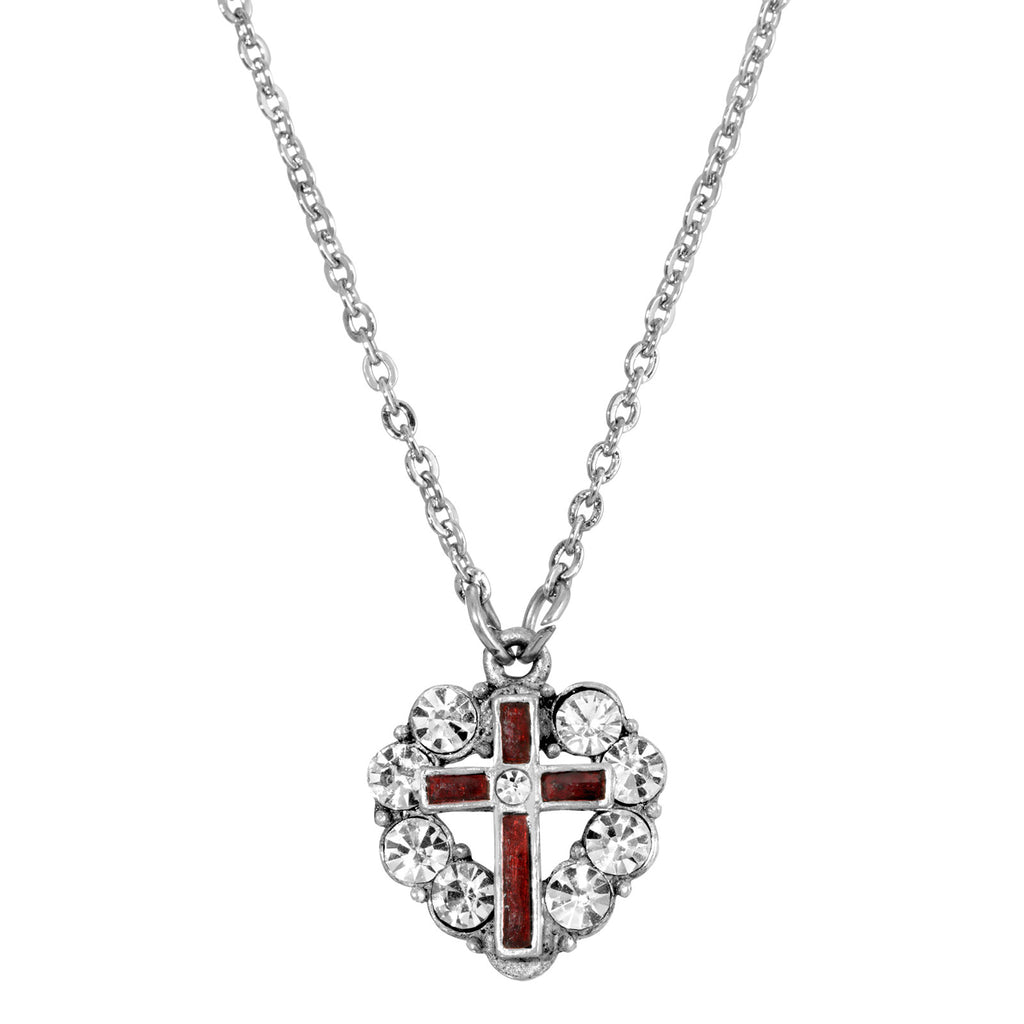 Pewter Blue Enamel Cross Crystal Heart Necklace 16" + 3" Extender