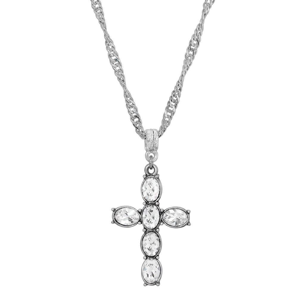 Crystal Clear Pewter Cross Silver Tone Twisted Necklace 20 Inch