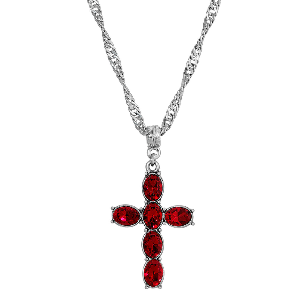 Red Crystal Clear Pewter Cross Silver Tone Twisted Necklace 20 Inch