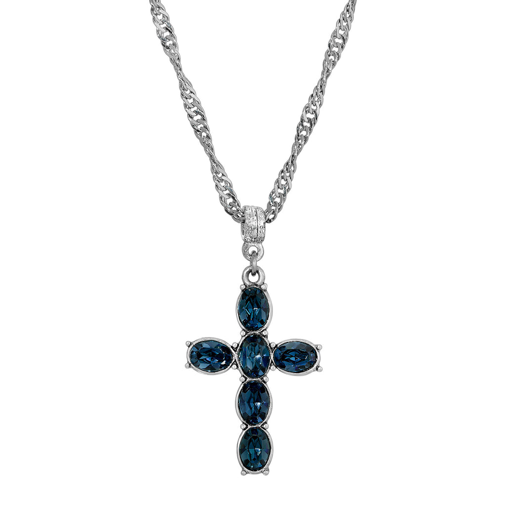 Blue Crystal Clear Pewter Cross Silver Tone Twisted Necklace 20 Inch