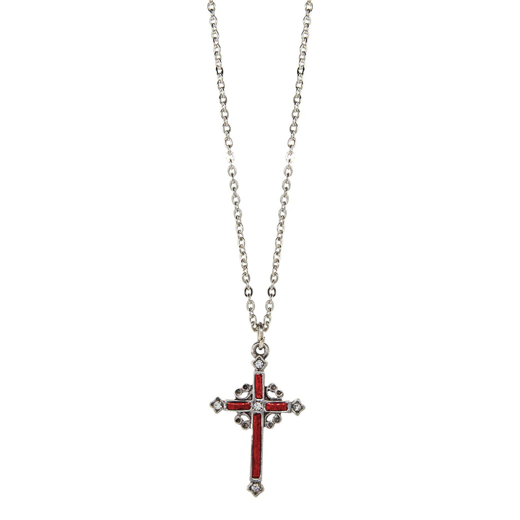 Pewter Hand Enamel Cross With Crystals Necklace 18 In