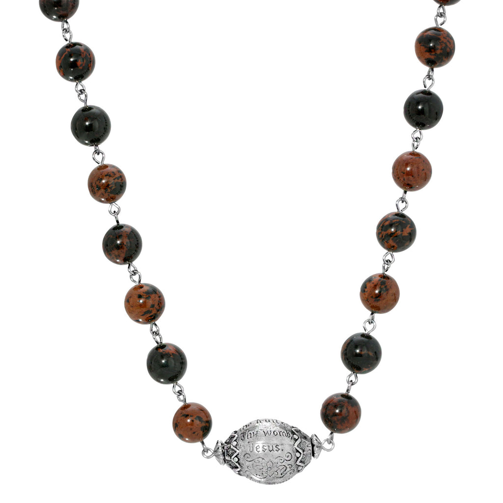Brown Obsidian Silver Tone Hail Mary Beaded Prayer Necklace 15   18 Inch Adjustable