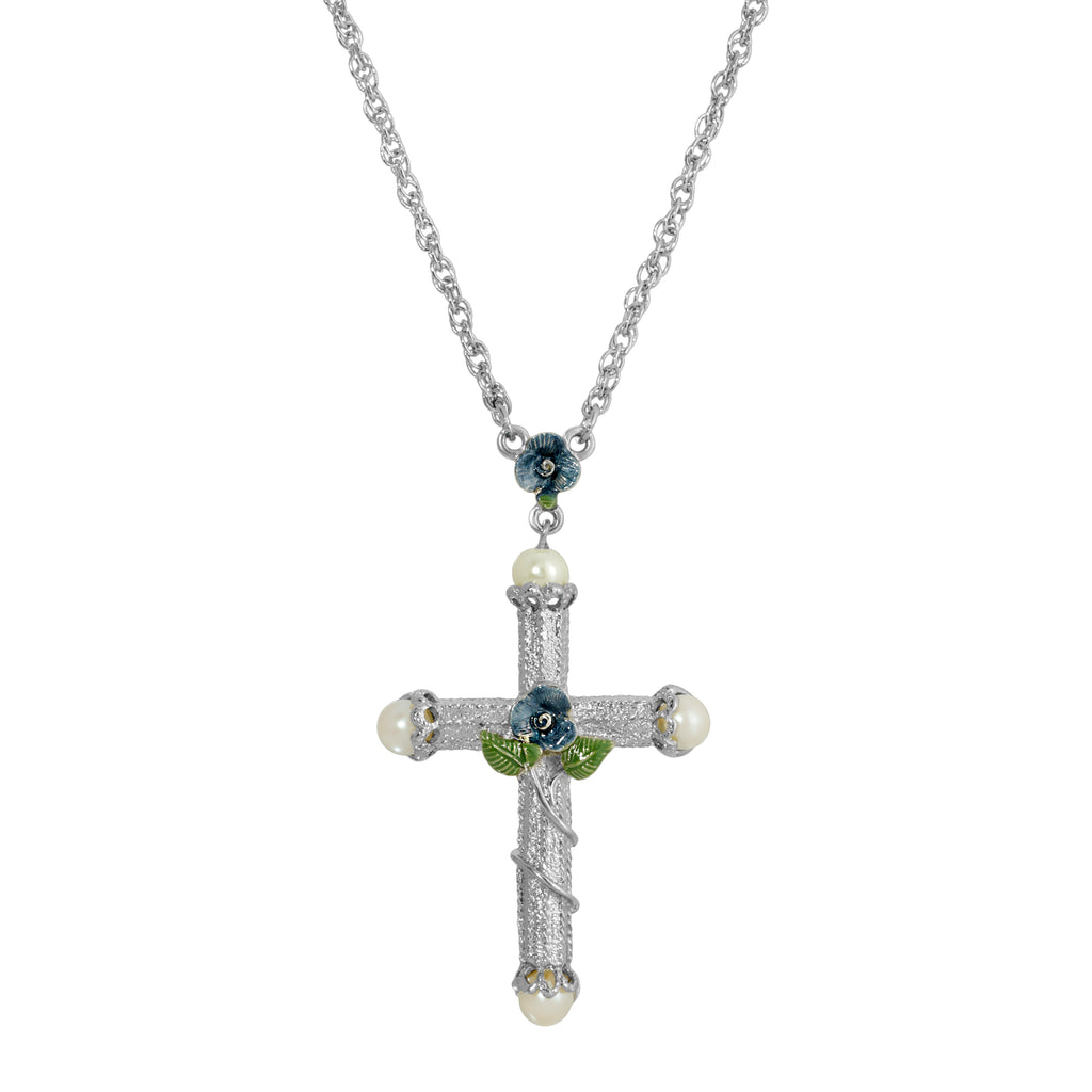 Blue Enamel Cross Necklace 30 Inches