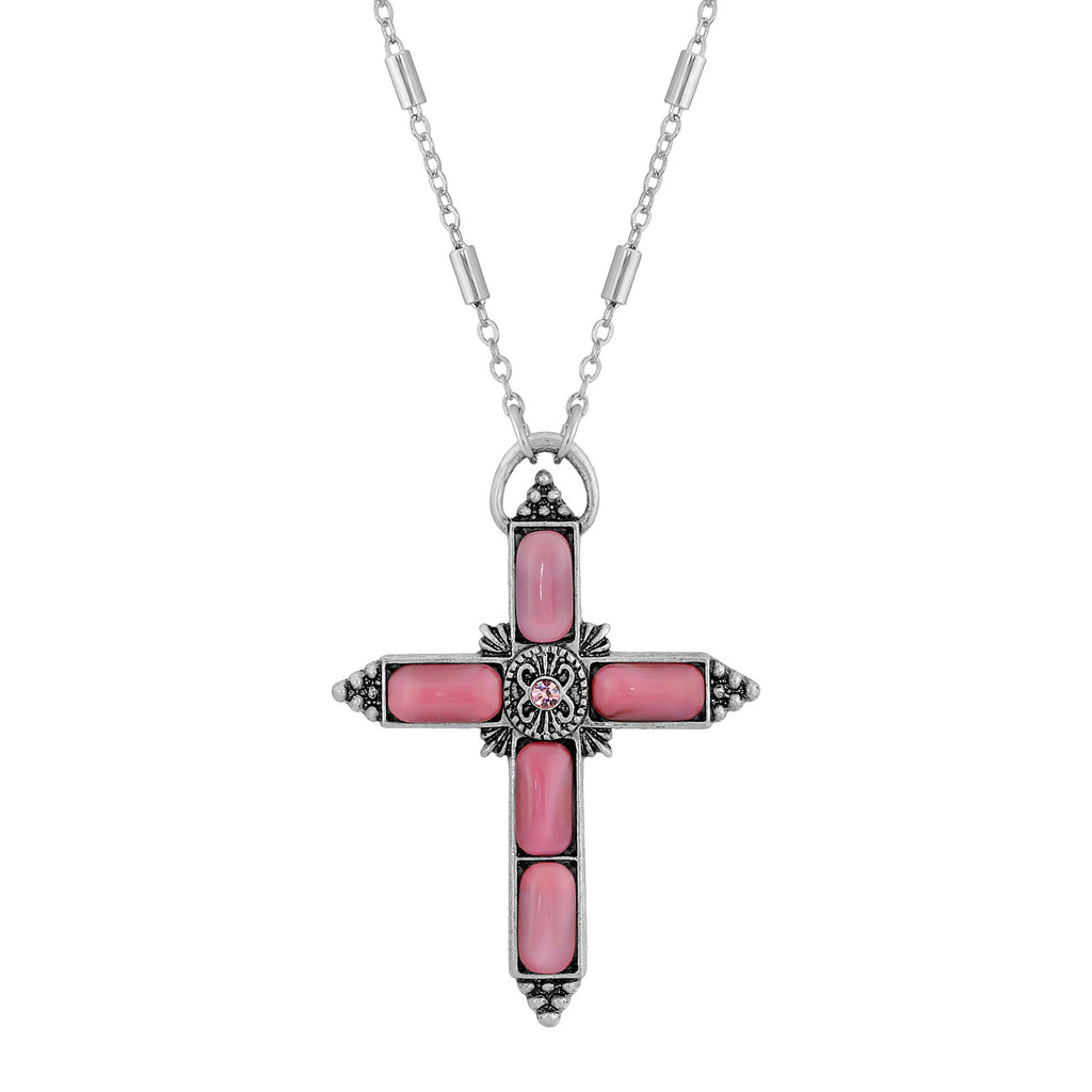 Pink Moonstone & Crystal Cross Necklace 20 Inches