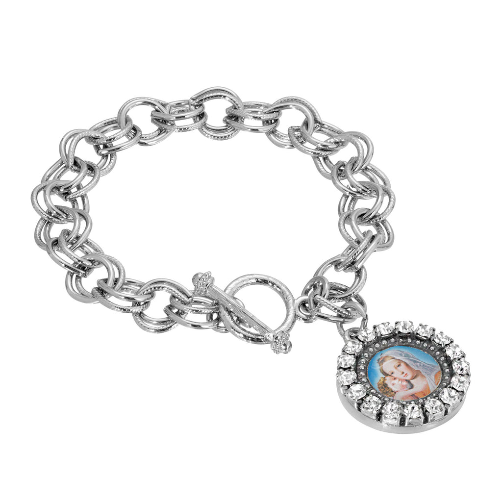 Round Crystal Mary and Child Charm Toggle Bracelet