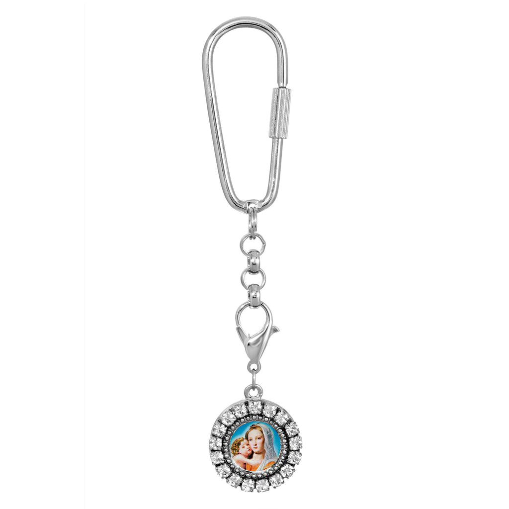 Silver Tone Round Crystal Mary and Child Charm Key Fob