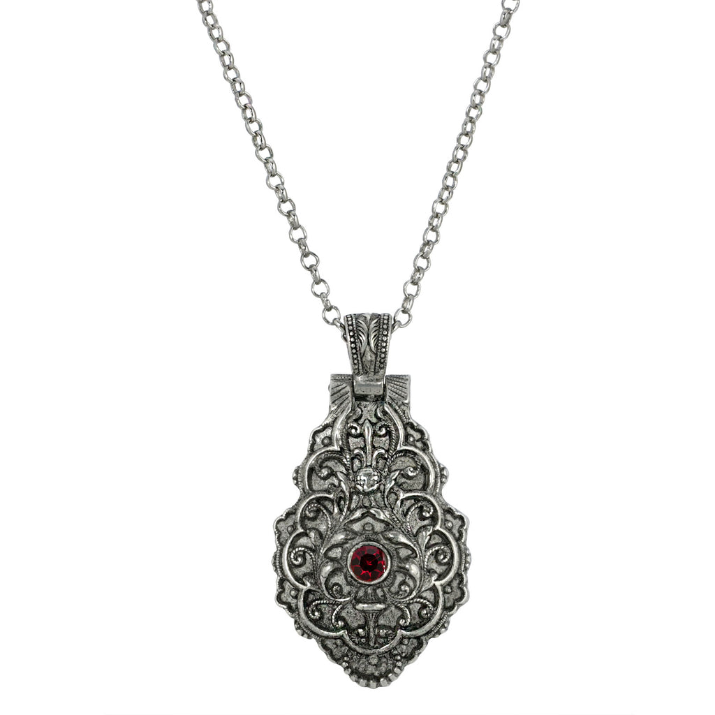 Antiqued Pewter Red Enamel Cherub Locket Pendant Necklace 28 Inches