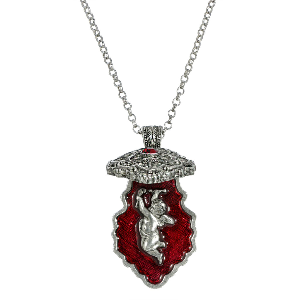 Opened Antiqued Pewter Red Enamel Cherub Locket Pendant Necklace 28 Inches
