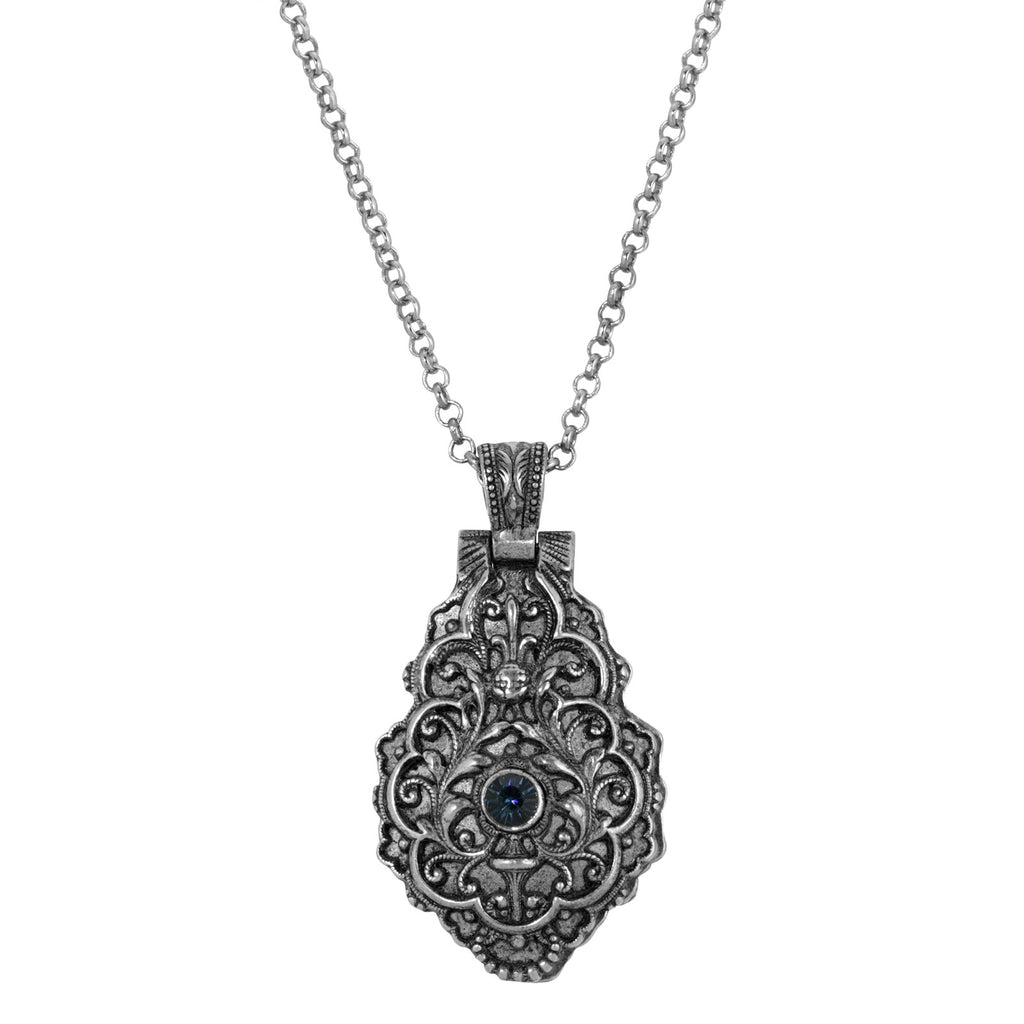 Antiqued Pewter Blue Crystal Cross Locket Pendant Necklace 28 Inch