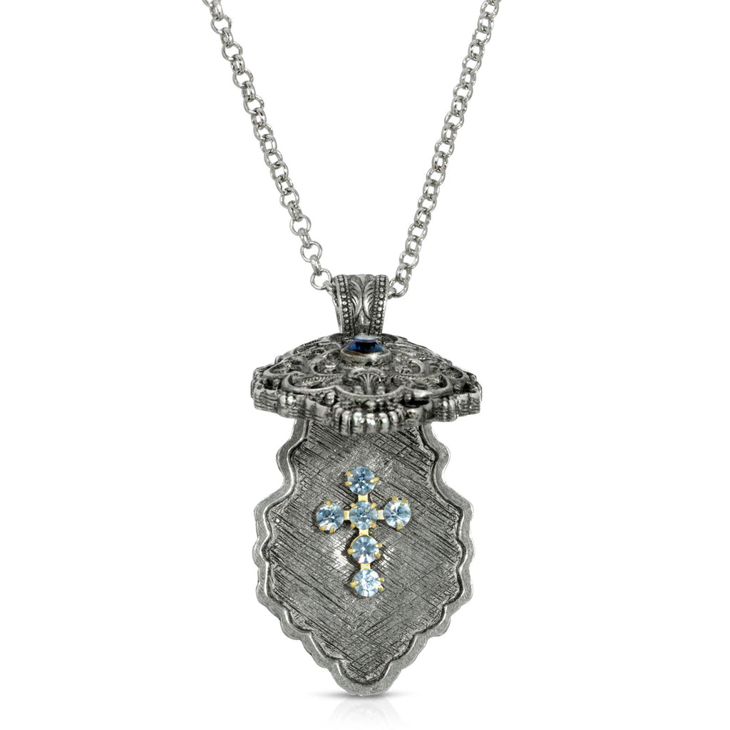 Inside Antiqued Pewter Blue Crystal Cross Locket Pendant Necklace 28 Inch